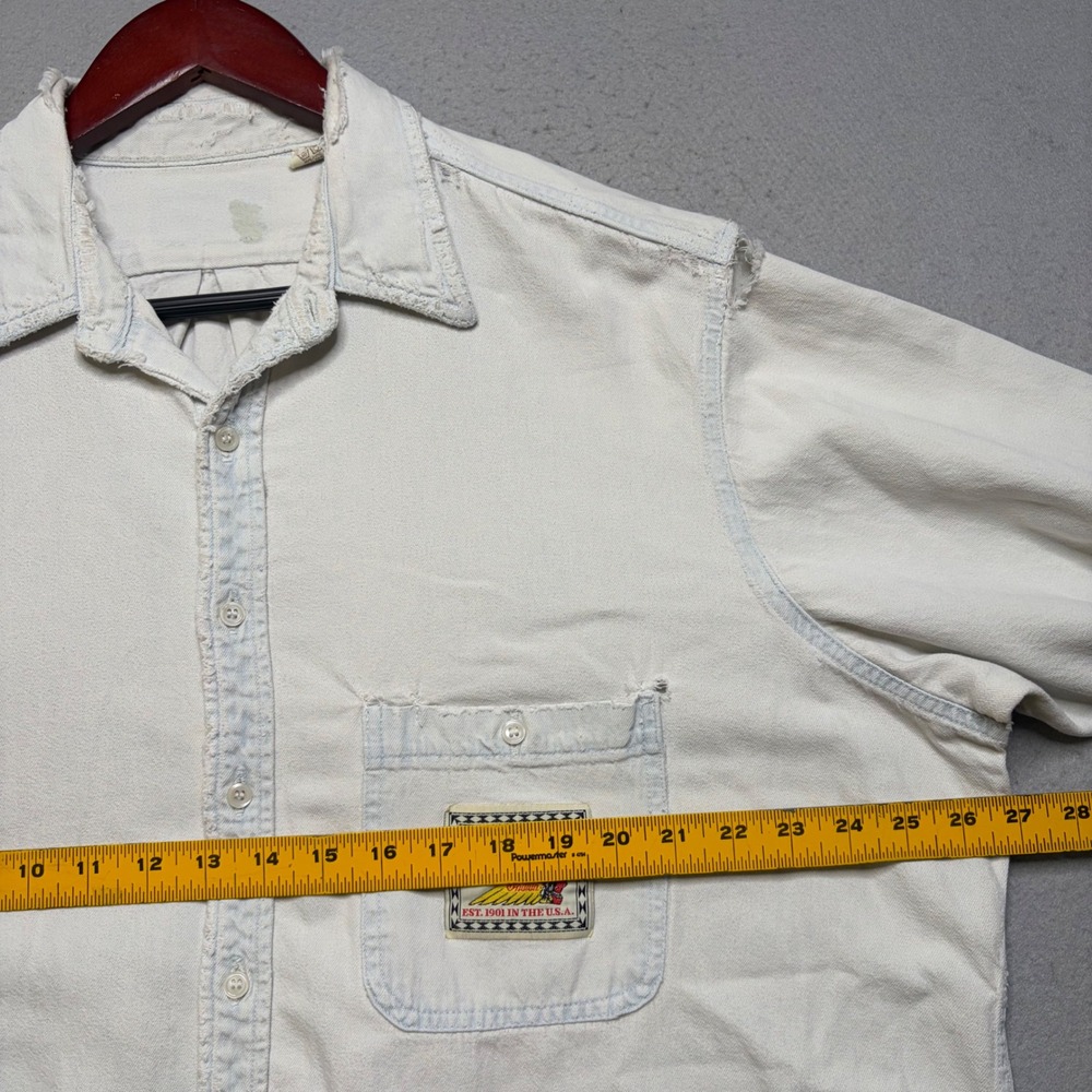Indian Motocycle Denim Shirt Mens XL White Vintage 80s Distressed Biker Cotton - Picture 7 of 16